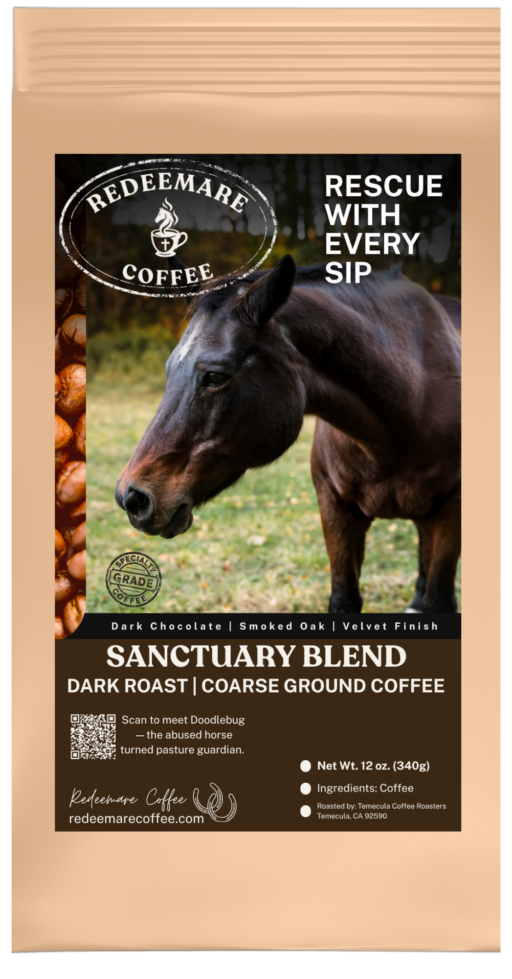 Sanctuary Blend dark roast coffee inspired by Doodlebug - coarse grind - Redeemare Coffee
